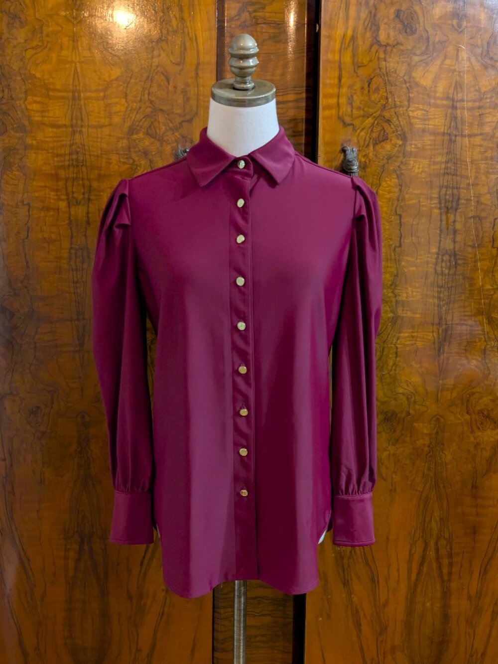NWT Jude Connally Karmen Blouse Size S Merlot Red Stretch Puff Shoulders Button